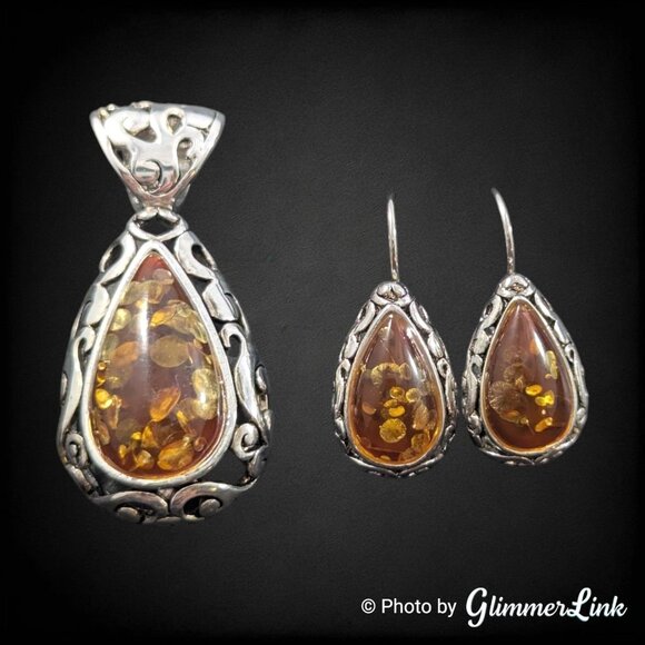Amber Teardrop Scrollwork Silver Plated Pendant & Drop Pierced Earrings Set - Picture 1 of 9
